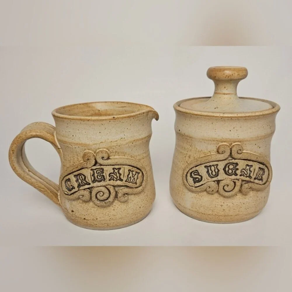 Vintage Set Of Cream Jug & Sugar Pot - Toffee Brown Stoneware Ceramic Pottery